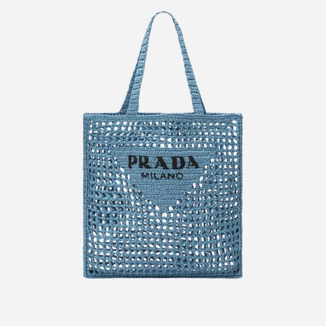 PRADA SHOPPER-TASCHE AUS RAPHIA MIT GEWEBTEM LOGO – BLAU