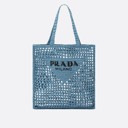 PRADA SHOPPER-TASCHE AUS RAPHIA MIT GEWEBTEM LOGO – BLAU