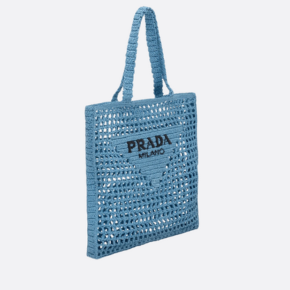 PRADA SHOPPER-TASCHE AUS RAPHIA MIT GEWEBTEM LOGO – BLAU