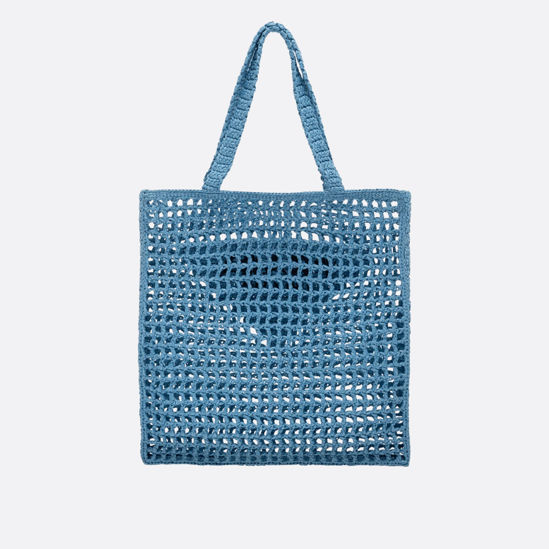 PRADA SHOPPER-TASCHE AUS RAPHIA MIT GEWEBTEM LOGO – BLAU