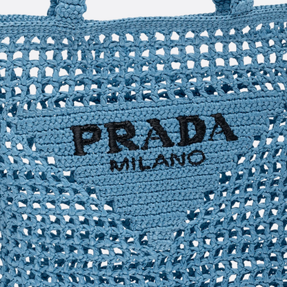 PRADA SHOPPER-TASCHE AUS RAPHIA MIT GEWEBTEM LOGO – BLAU