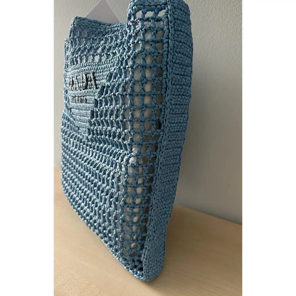 PRADA SHOPPER-TASCHE AUS RAPHIA MIT GEWEBTEM LOGO – BLAU